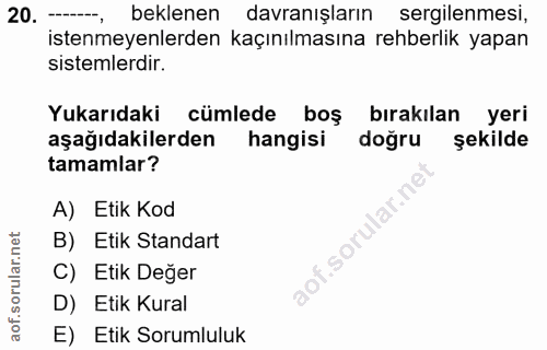 20. soru: - beklenen davranışların sergilenmesi, beklenen istenmeyenlerden kaçınılmasına rehberlik yapan sistemlerdir. Yukarıda…