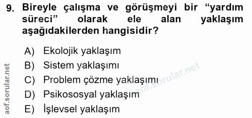 9. soru: Bireyle çalışma ve görüşmeyi bir "yardım süreci" olarak ele alan yaklaşım aşağıdakilerden hangisidir? A) Ekolojik yak…