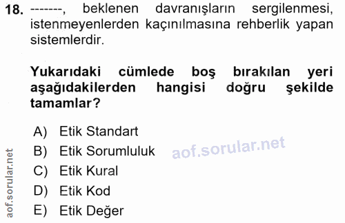 18. soru: -- beklenen davranışların sergilenmesi, istenmeyenlerden kaçınılmasına rehberlik yapan sistemlerdir. Yukarıdaki cümle…