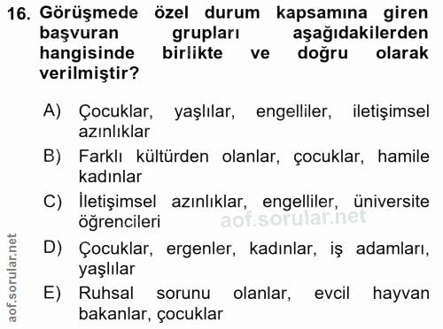 16. soru: Görüşmede özel durum kapsamına giren başvuran grupları aşağıdakilerden hangisinde birlikte ve doğru olarak verilmişti…
