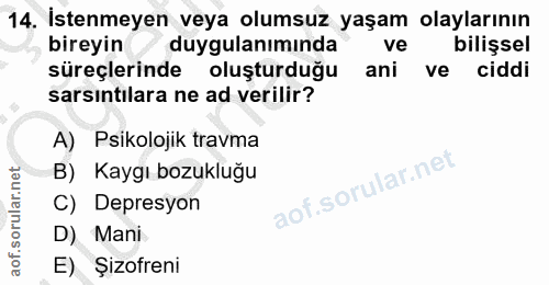 14. soru: İstenmeyen veya olumsuz yaşam olaylarının bireyin duygulanımında ve bilişsel süreçlerinde oluşturduğu ani ve ciddi sa…