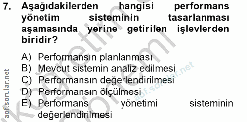 7. soru: Aşağıdakilerden hangisi performans yönetim sisteminin tasarlanması aşamasında yerine getirilen işlevlerden biridir? A…