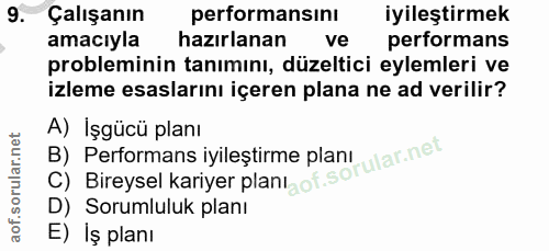 9. soru: Çalışanın performansını iyileştirmek amacıyla hazırlanan ve performans probleminin tanımını, düzeltici eylemleri ve i…