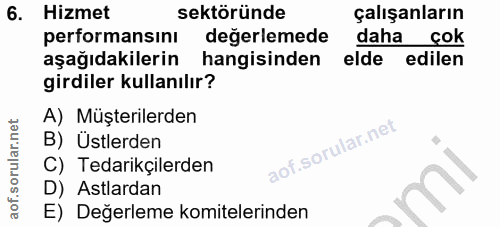 6. soru: Hizmet sektöründe çalışanların performansını değerlemede daha çok aşağıdakilerin hangisinden elde edilen girdiler kul…