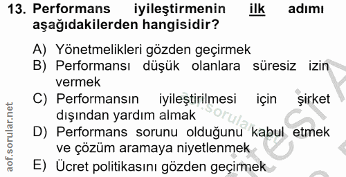 13. soru: Performans iyileştirmenin ilk adımı aşağıdakilerden hangisidir? A) Yönetmelikleri gözden geçirmek B) Performansı düşü…
