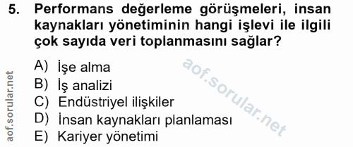 5. soru: Performans değerleme görüşmeleri, insan kaynakları yönetiminin hangi işlevi ile ilgili çok sayıda veri toplanmasını s…