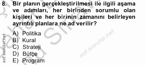 8. soru: Bir planın gerçekleştirilmesi ile ilgili aşama ve adımları, her birinden sorumlu olan kişileri ve her birinin zamanın…