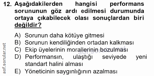 12. soru: Aşağıdakilerden hangisi performans sorununun göz ardı edilmesi durumunda ortaya çıkabilecek olası sonuçlardan biri de…
