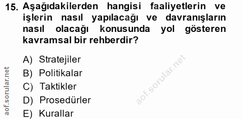 15. soru: Aşağıdakilerden hangisi faaliyetlerin ve işlerin nasıl yapılacağı ve davranışların nasıl olacağı konusunda yol göster…