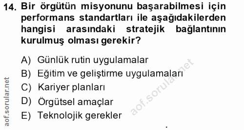 14. soru: Bir örgütün misyonunu başarabilmesi için performans standartları ile aşağıdakilerden hangisi arasındaki stratejik bağ…