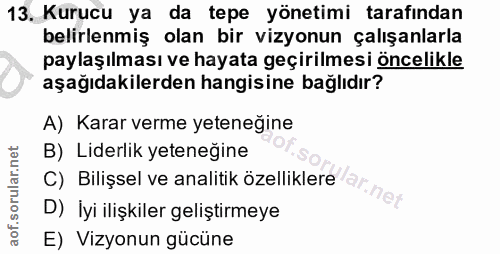 13. soru: Kurucu ya da tepe yönetimi tarafından belirlenmiş olan bir vizyonun çalışanlarla paylaşılması ve hayata geçirilmesi ö…