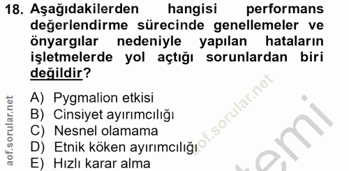 18. soru: Aşağıdakilerden hangisi performans değerlendirme sürecinde genellemeler ve önyargılar nedeniyle yapılan hataların işl…