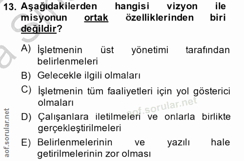 13. soru: Aşağıdakilerden hangisi vizyon ile misyonun ortak özelliklerinden biri değildir? A) İşletmenin üst yönetimi tarafında…