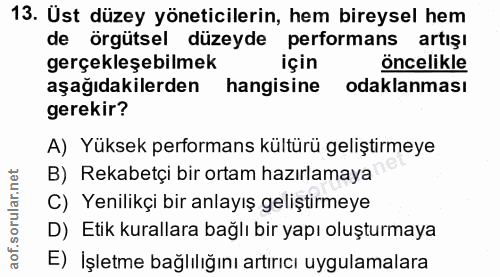 13. soru: Ust düzey yöneticilerin, hem bireysel hem de örgütsel düzeyde performans artışı gerçekleşebilmek için öncelikle aşağı…
