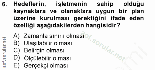 6. soru: Hedeflerin, işletmenin sahip olduğu kaynaklara ve olanaklara uygun bir plan üzerine kurulması gerektiğini ifade eden…