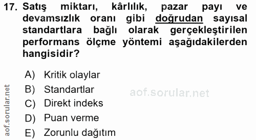 17. soru: Satış miktarı, kârlılık, pazar payı ve devamsızlık oranı gibi doğrudan sayısal standartlara bağlı olarak gerçekleştir…