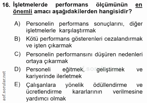 16. soru: İşletmelerde performans ölçümünün en önemli amacı aşağıdakilerden hangisidir? A) Personelin performans sonuçlarını, d…
