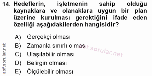 14. soru: Hedeflerin, işletmenin sahip olduğu kaynaklara ve olanaklara uygun bir plan üzerine kurulması gerektiğini ifade eden…