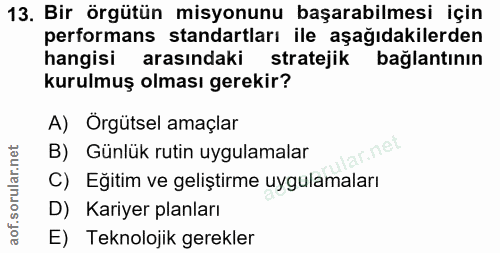 13. soru: Bir örgütün misyonunu başarabilmesi için performans standartları ile aşağıdakilerden hangisi arasındaki stratejik bağ…