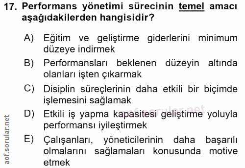 17. soru: Performans yönetimi sürecinin temel amacı aşağıdakilerden hangisidir? A) Eğitim ve geliştirme giderlerini minimum düz…
