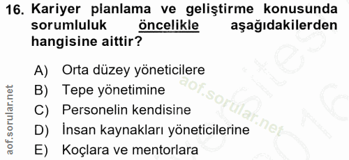 16. soru: Kariyer planlama ve geliştirme konusunda sorumluluk öncelikle aşağıdakilerden hangisine aittir? A) Orta düzey yönetic…