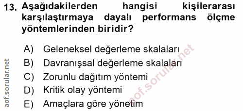 13. soru: Aşağıdakilerden hangisi kişilerarası karşılaştırmaya dayalı performans olçme yöntemlerinden biridir? A) Geleneksel de…
