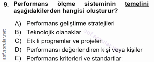 9. soru: Performans ölçme sisteminin temelini aşağıdakilerden hangisi oluşturur? A) Performans geliştirme stratejileri B) Tekn…