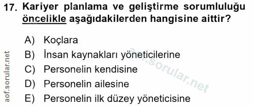 17. soru: Kariyer planlama ve geliştirme sorumluluğu öncelikle aşağıdakilerden hangisine aittir? A) Koçlara B) Insan kaynakları…