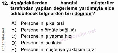 12. soru: Aşağıdakilerden hangisi müşteriler tarafından yapılan değerleme yardımıyla elde edilebilecek bilgilerden biri değildi…