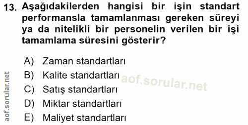13. soru: Aşağıdakilerden hangisi bir işin standart performansla tamamlanması gereken süreyi ya da nitelikli bir personelin ver…