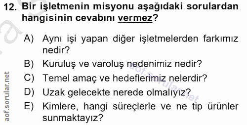 12. soru: Bir işletmenin misyonu aşağıdaki sorulardan hangisinin cevabını vermez? A) Aynı işi yapan diğer işletmelerden farkımı…