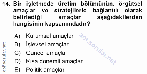 14. soru: Bir işletmede üretim bölümünün, örgütsel amaçlar ve stratejilerle bağlantılı olarak belirlediği amaçlar aşağıdakilerd…