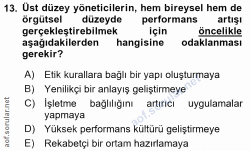 13. soru: Ust düzey yöneticilerin, hem bireysel hem de örgütsel düzeyde performans artışı gerçekleştirebilmek için öncelikle aş…
