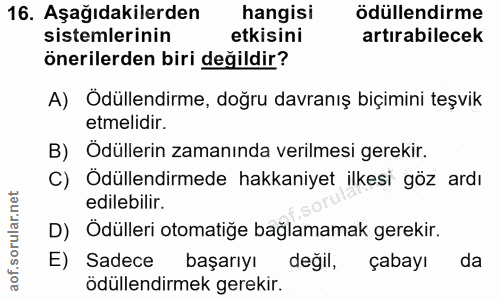 16. soru: Aşağıdakilerden hangisi ödüllendirme sistemlerinin etkisini artırabilecek önerilerden biri değildir? A) Ödüllendirme,…