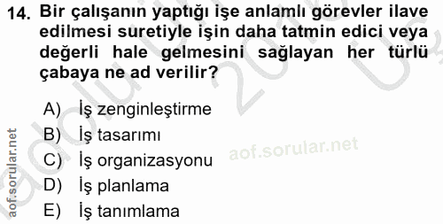 14. soru: Bir çalışanın yaptığı işe anlamlı görevler ilave edilmesi suretiyle işin daha tatmin edici veya değerli hale gelmesin…