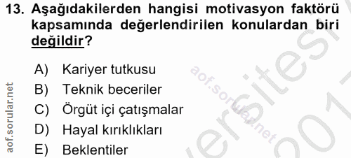 13. soru: Aşağıdakilerden hangisi motivasyon faktörü kapsamında değerlendirilen konulardan biri değildir? A) Kariyer tutkusu B)…