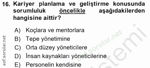 16. soru: Kariyer planlama ve geliştirme konusunda sorumluluk öncelikle aşağıdakilerden hangisine aittir? A) Koçlara ve mentorl…