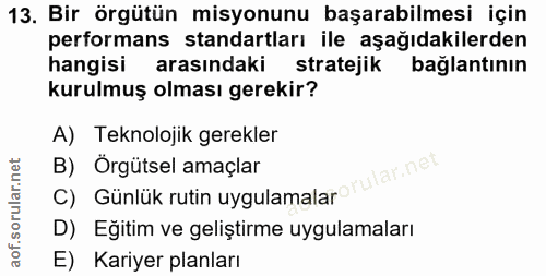 13. soru: Bir örgütün misyonunu başarabilmesi için performans standartları ile aşağıdakilerden hangisi arasındaki stratejik bağ…