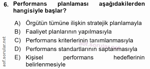 6. soru: Performans planlaması aşağıdakilerden hangisiyle başlar? A) Örgütün tümüne ilişkin stratejik planlamayla B) Faaliyet…