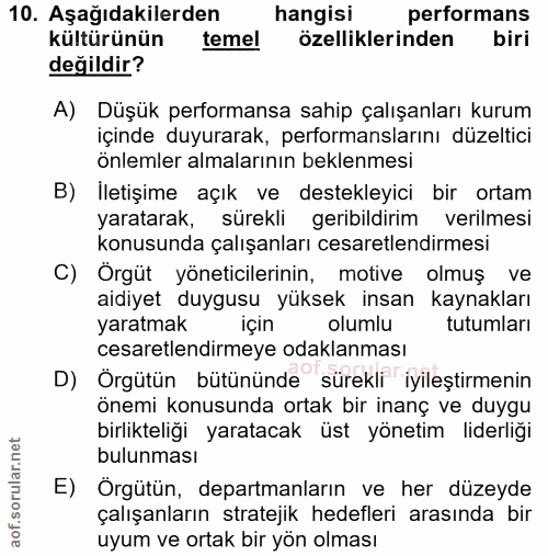 10. soru: Aşağıdakilerden hangisi performans kültürünün temel özelliklerinden biri değildir? A) Düşük performansa sahip çalışan…