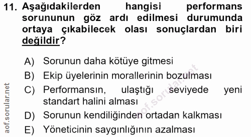 11. soru: Aşağıdakilerden hangisi performans sorununun göz ardı edilmesi durumunda ortaya çıkabilecek olası sonuçlardan biri de…
