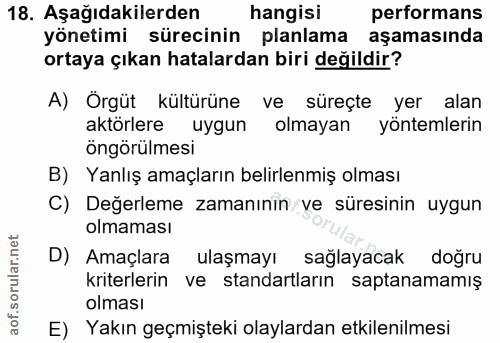 18. soru: Aşağıdakilerden hangisi performans yönetimi sürecinin planlama aşamasında ortaya çıkan hatalardan biri değildir? A) Ö…