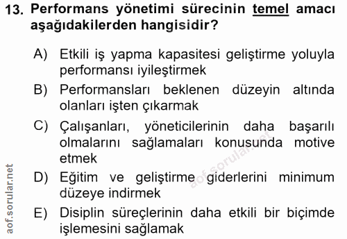 13. soru: Performans yönetimi sürecinin temel amacı aşağıdakilerden hangisidir? A) Etkili iş yapma kapasitesi geliştirme yoluyl…