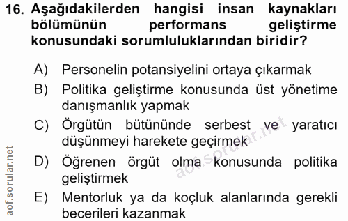 16. soru: Aşağıdakilerden hangisi insan kaynakları bölümünün performans geliştirme konusundaki sorumluluklarından biridir? A) P…