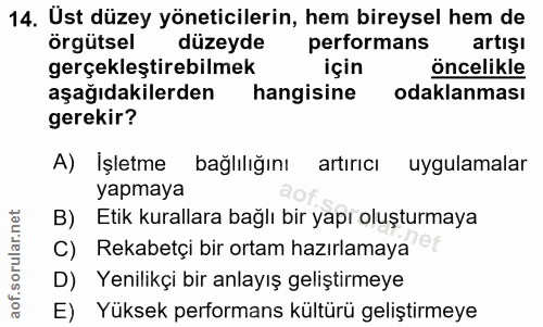 14. soru: Ust düzey yöneticilerin, hem bireysel hem de örgütsel düzeyde l performans artışı gerçeklestirebilmek için öncelikle…