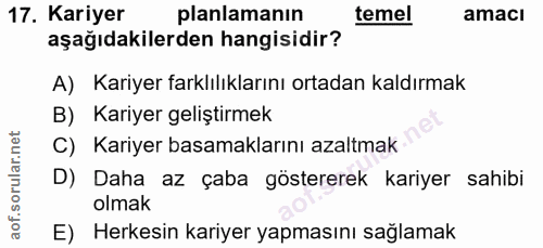 17. soru: Kariyer planlamanın temel amacı aşağıdakilerden hangisidir? A) Kariyer farklılıklarını ortadan kaldırmak B) Kariyer g…