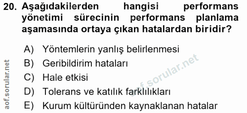 20. soru: Aşağıdakilerden hangisi performans yönetimi sürecinin performans planlama aşamasında ortaya çıkan hatalardan biridir?…