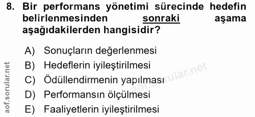 8. soru: Bir performans yönetimi sürecinde hedefin belirlenmesinden sonraki aşama aşağıdakilerden hangisidir? A) Sonuçların de…