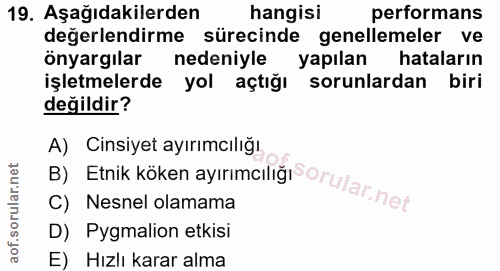 19. soru: Aşağıdakilerden hangisi performans değerlendirme sürecinde genellemeler ve önyargilar nedeniyle yapılan hataların işl…