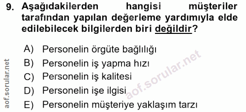 9. soru: Aşağıdakilerden hangisi müşteriler tarafından yapılan değerleme yardımıyla elde edilebilecek bilgilerden biri değildi…